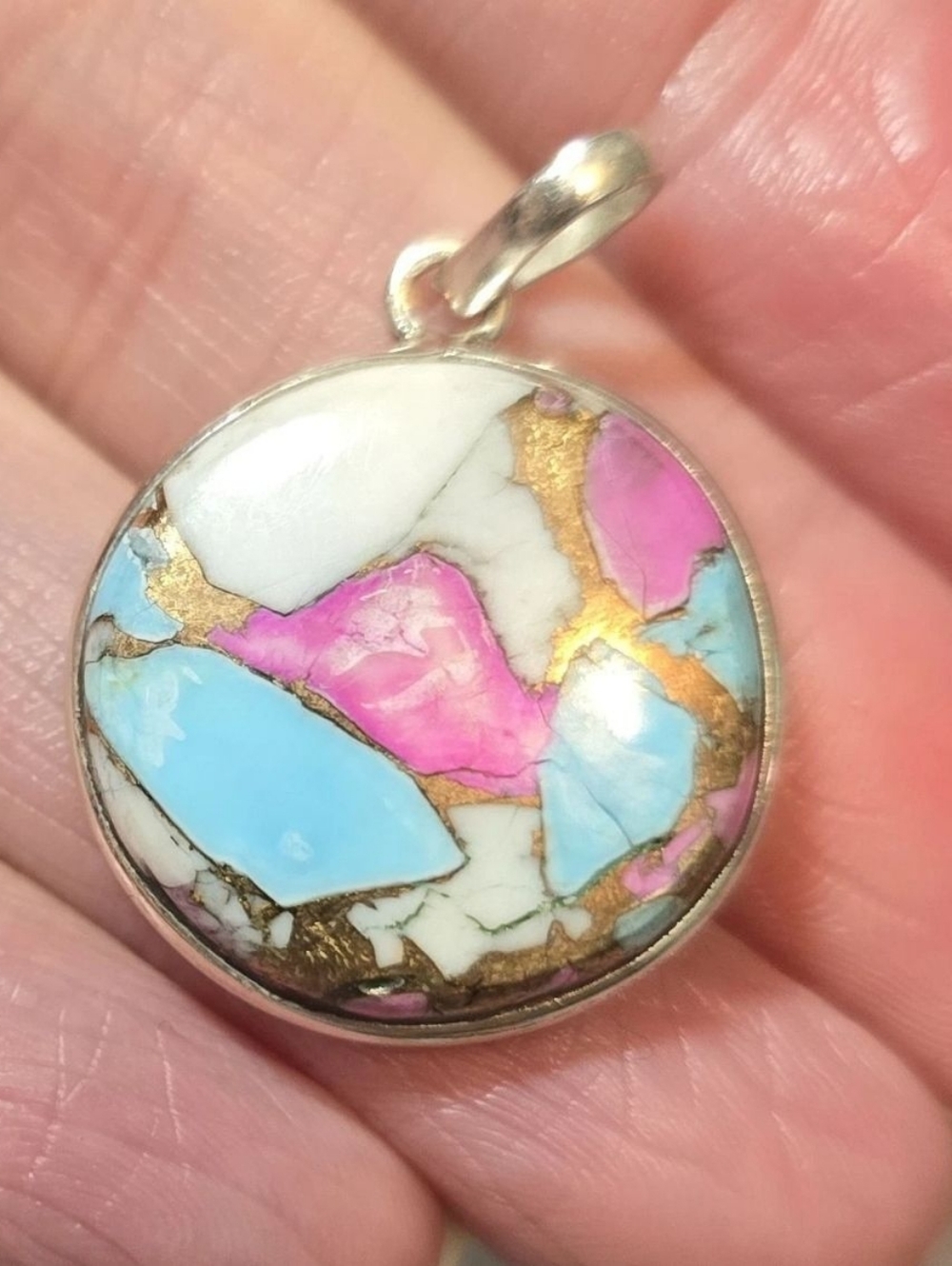 Cotton Candy Turquoise Round Pendant In Sterling Silver, Southwestern